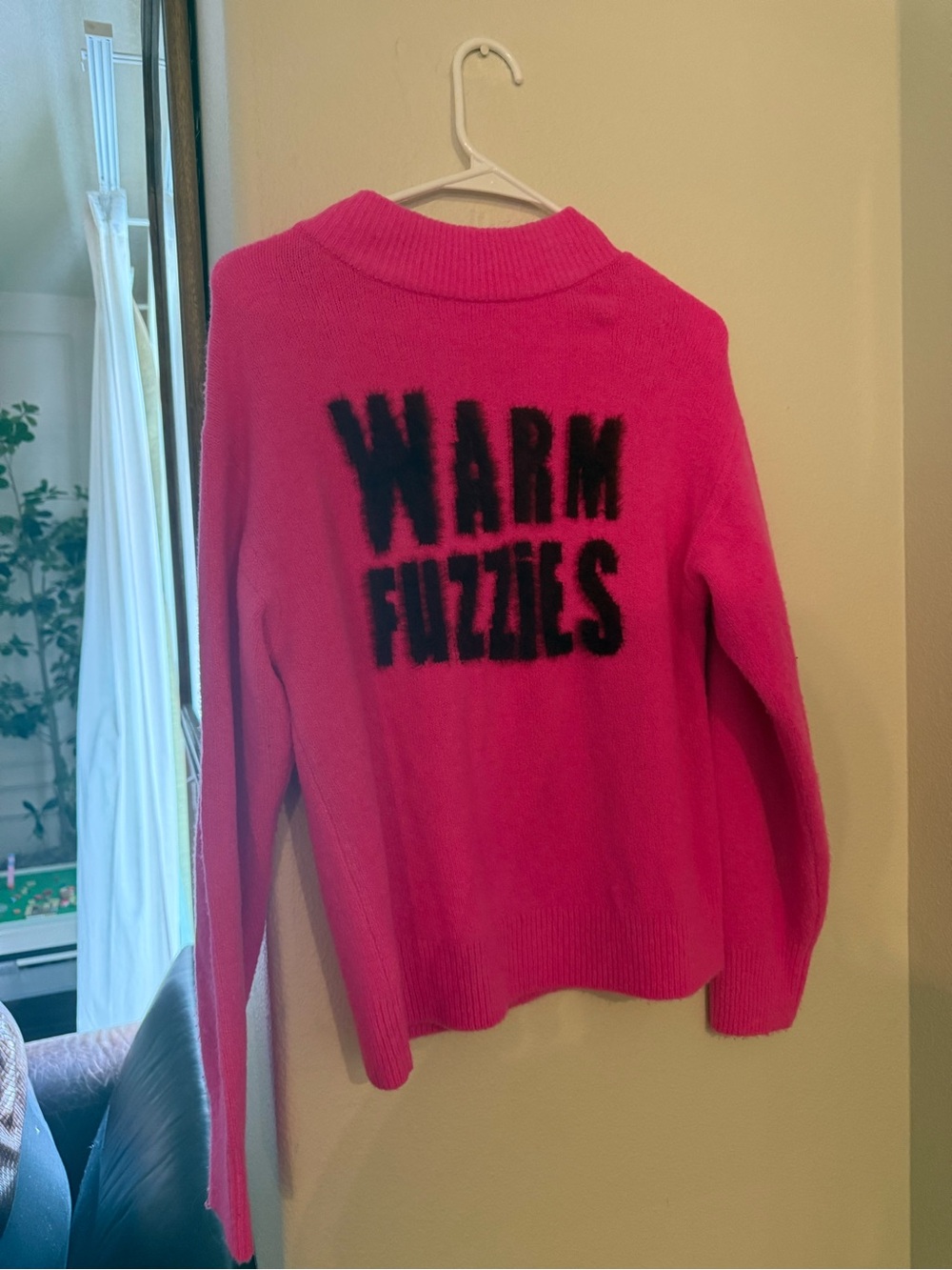 a new day Hot Pink Crewneck Sweater with Black 'WARM FUZZIES' Text